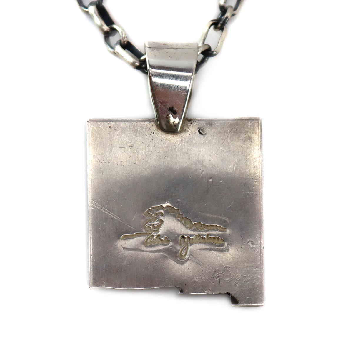 Alvin Yellowhorse (b. 1968) - Navajo Contemporary Turquoise and Dimpled Silver New Mexico Pendant with Handmade Chain, 25" length