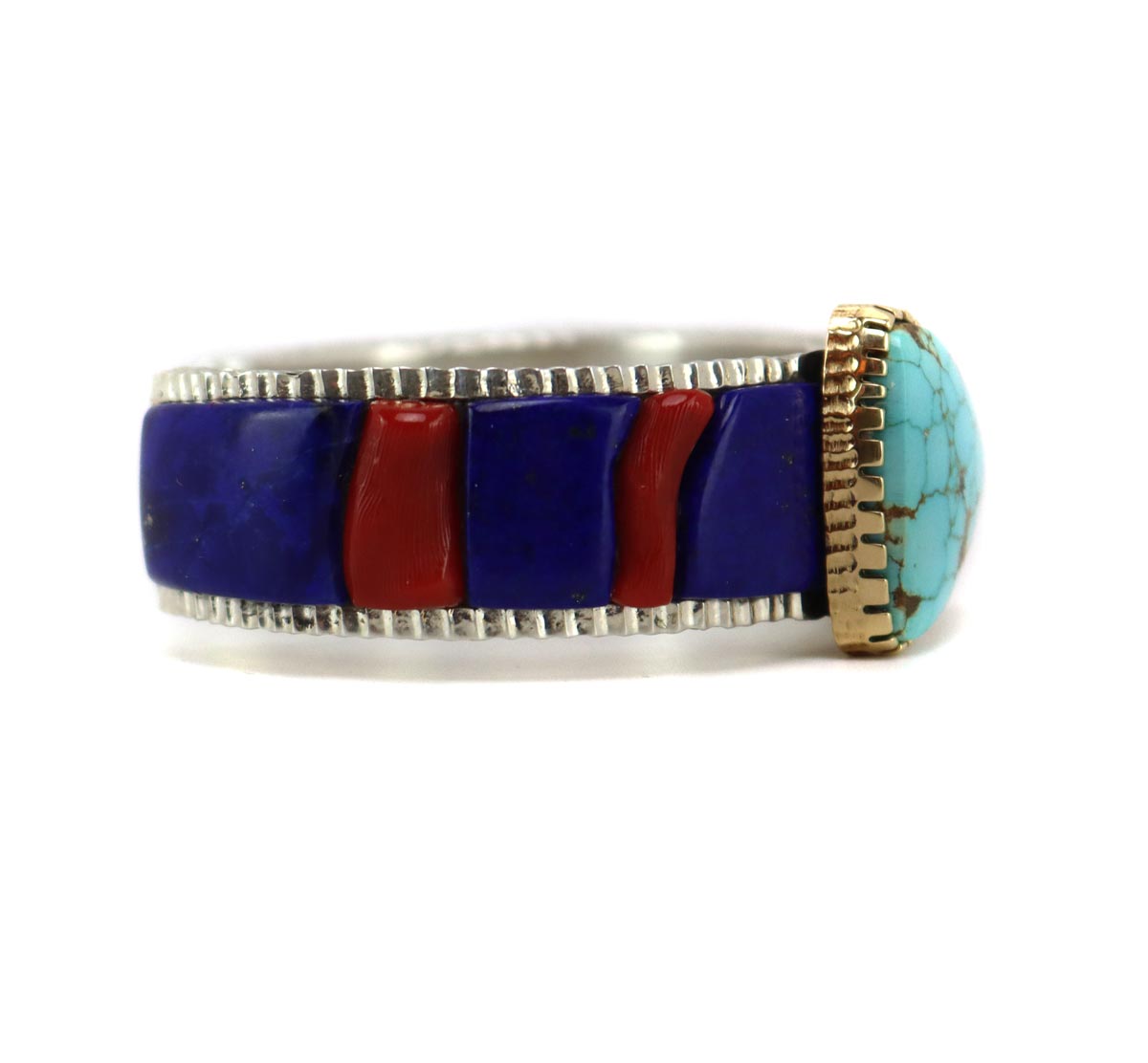 Alvin Yellowhorse (b. 1968) - Navajo Contemporary Multi-Stone Inlay and Silver Overlay Bracelet with 18K Gold Bezel, size 6.5