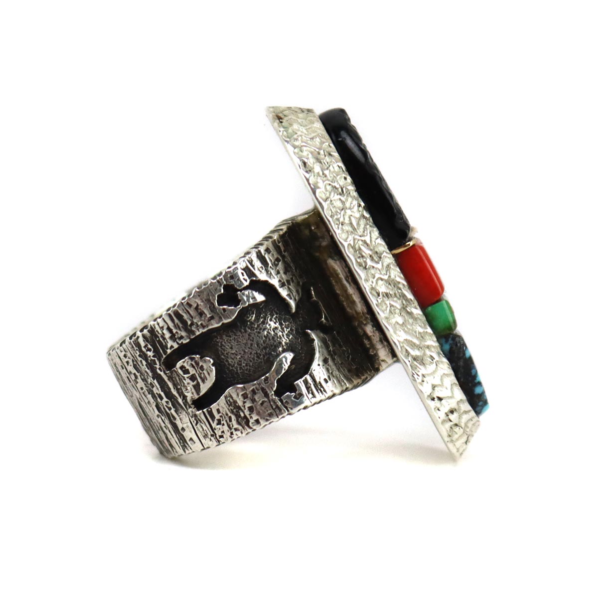 Alvin Yellowhorse (b. 1968) - Navajo Contemporary Multi-Stone Inlay, 18K Gold, and Silver Ring with Petroglyph Design, size 8