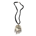 Hopi Sandcast Silver Hand Pendant Necklace on Leather Cord c. 1960s, 15" length