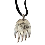Hopi Sandcast Silver Hand Pendant Necklace on Leather Cord c. 1960s, 15" length