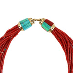 Victor Beck (1941-2022) - Navajo 14-Strand Coral, Multi-Stone, and Gold Beaded Necklace with Multi-Use Extender c. 2005, 19" length