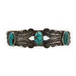 Navajo - 3-Stone Turquoise and Silver Bracelet with Stamped Design c. 1920-30s, size 7