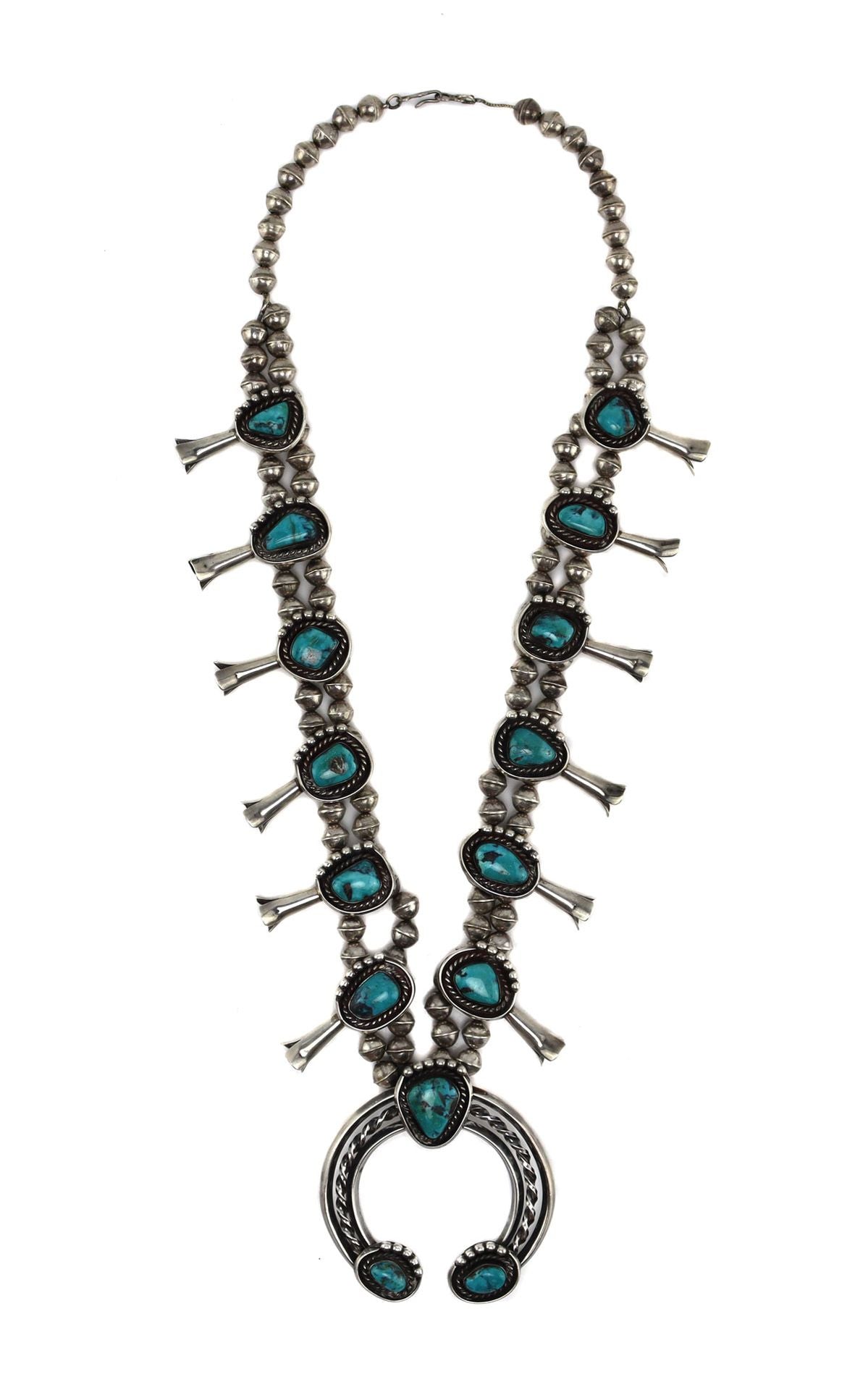 Navajo - Turquoise and Silver Squash Blossom Necklace c. 1950s, 27" length