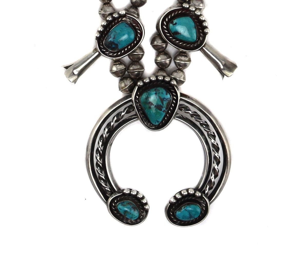 Navajo - Turquoise and Silver Squash Blossom Necklace c. 1950s, 27" length