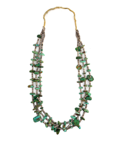 Item #867E- Navajo 3 Strand Fox & Royston Turquoise Teardrop  Vintage Navajo Carved Turquoise and Heishi Shell Triple Strand Necklace main image 1