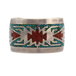 Navajo - Coral and Turquoise Chip Inlay and Silver Bracelet with Arrowhead Design c. 1970s, size 6.5
