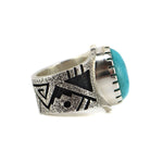 Roy Talahaftewa - Hopi Contemporary Morenci Turquoise and Sterling Silver Ring with Migration Pattern and Prayer Feathers Designs, size 11.5