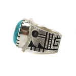 Roy Talahaftewa - Hopi Contemporary Morenci Turquoise and Sterling Silver Ring with Migration Pattern and Prayer Feathers Designs, size 11.5