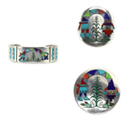Ruddell and Nancy Haloo Laconsello (1952-2021) - Zuni Contemporary Multi-Stone Inlay and Silver Bracelet, Pin, and Ring Set with Rainbow God Designs