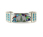Ruddell and Nancy Haloo Laconsello (1952-2021) - Zuni Contemporary Multi-Stone Inlay and Silver Bracelet, Pin, and Ring Set with Rainbow God Designs