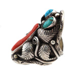 Benny Pinto - Navajo Coral and Turquoise Ring with Leaf Design c. 1960s, size 8.5 (J14433)