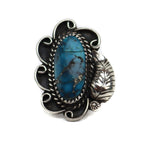 Navajo Morenci Turquoise and Silver Ring with Feather Design c. 1960s, size 5 (J15555)