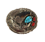 Navajo - Turquoise, Coral, and Silver Bear Claw Belt Buckle with Floral Design c. 1960-70s, 2.375" x 2.75"