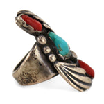 Navajo - Turquoise, Coral, and Silver Ring c. 1950s, size 7.5