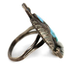 Navajo - Turquoise and Silver Ring with Feather Design c. 1960s, size 6.5