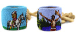 Marcus Amerman - Choctaw - Pair of Conjoined Contemporary Beaded Leather Native American Pictorial Bracelets with Wooden Chain