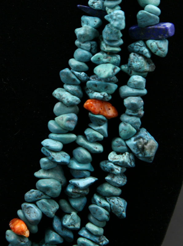 Santo Domingo (Kewa) Turquoise, Shell and Lapis Three Strand Necklace, Contemporary, 23" (J90106-0112-010)