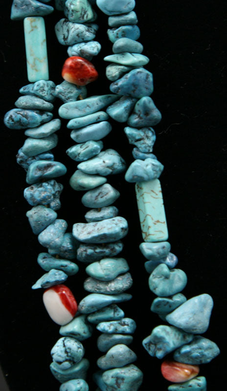 Santo Domingo (Kewa) Turquoise, Heishi and Spiny Oyster Three Strand Necklace, Contemporary, 24" (J90106-0112-011)