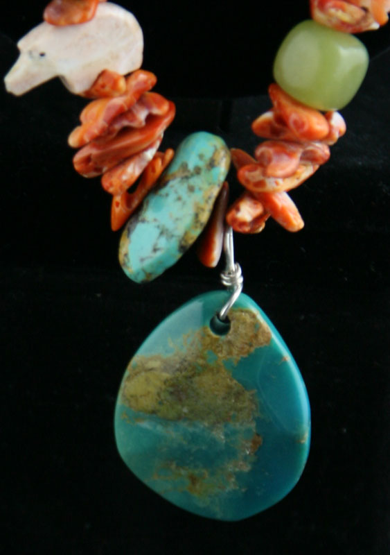 Ava Marie Coriz "Cool-Ca-Ya" (1948-2011) - Santo Domingo (Kewa) Spiny Oyster Necklace with Turquoise Pendant, Shell, Howlite, Bear Fetish, Silver, c. 2009, 26" (J90106-049-006)