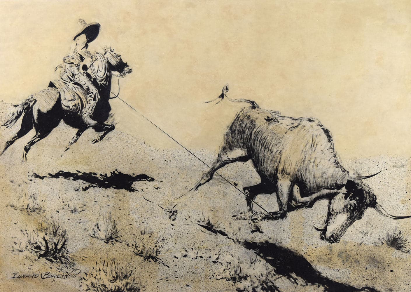 Edward Borein (1872-1945) - Any Native With a Lasso Can Always Get Beef, 1910, 19" x 27" Ink Wash (PDC90411A-0417-001)