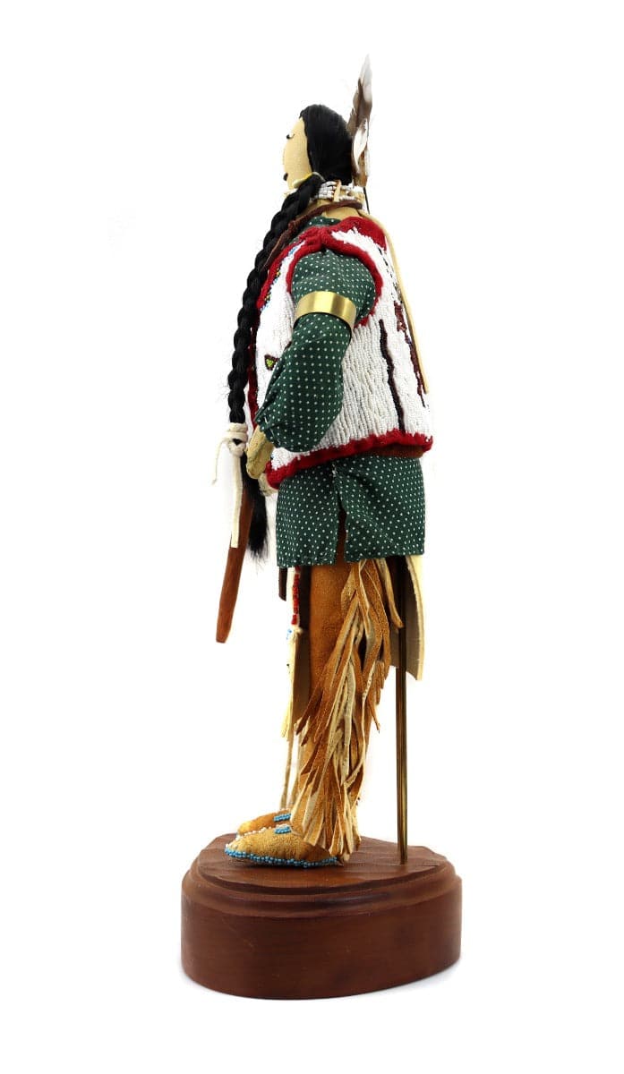 Donna Shakespeare-Cummings - Plains Arapaho Leather Beaded Doll on Custom Wooden Stand with Miniature Rawhide Drum and Arrow with Feathers c. 1999, 13.75" x 6.5" x 5" (DW91902D-0422-001)2
