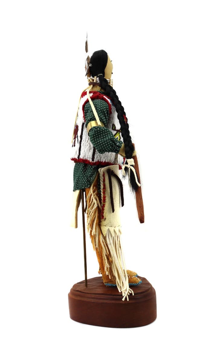 Donna Shakespeare-Cummings - Plains Arapaho Leather Beaded Doll on Custom Wooden Stand with Miniature Rawhide Drum and Arrow with Feathers c. 1999, 13.75" x 6.5" x 5" (DW91902D-0422-001)4
