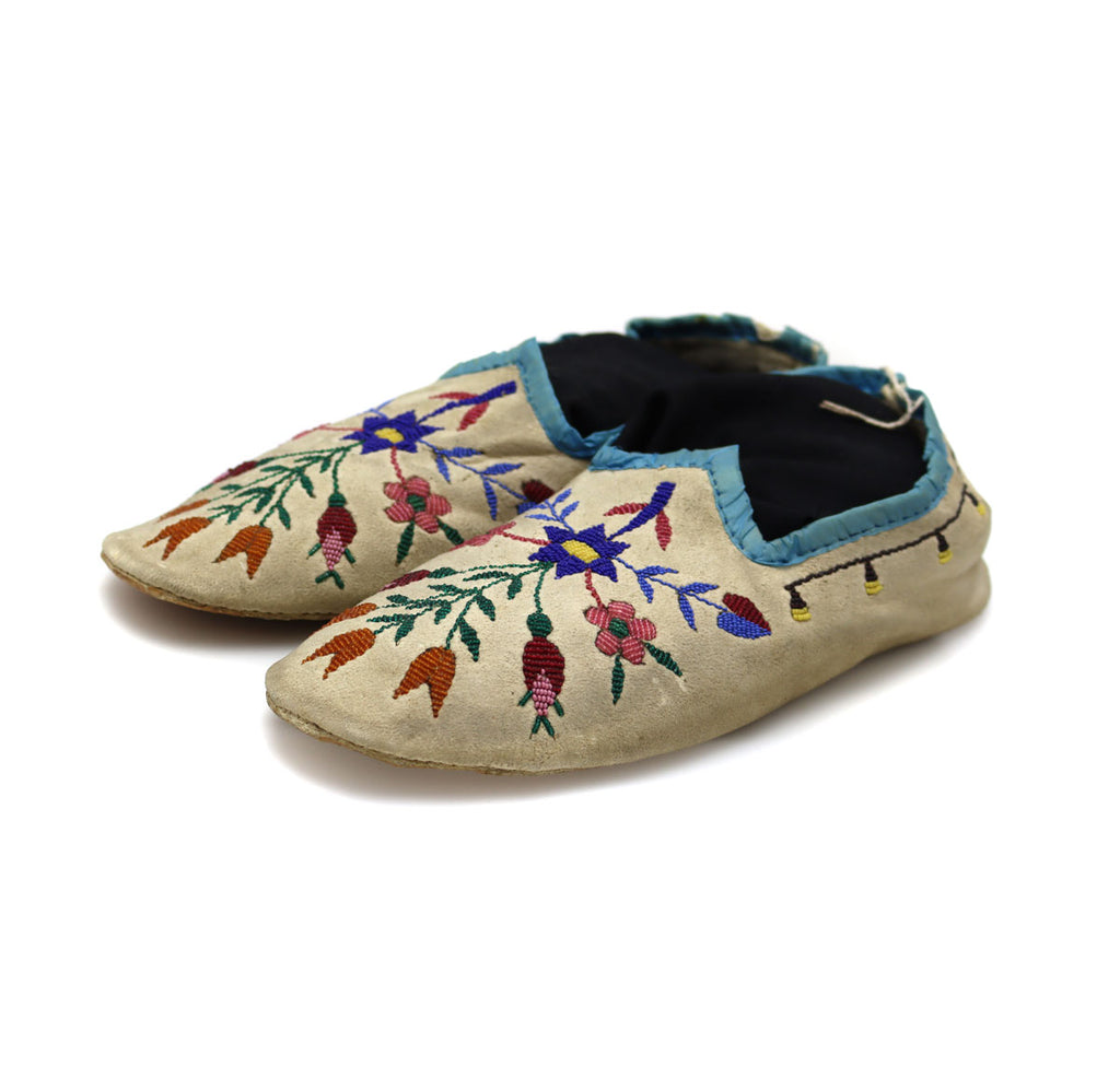 Chippewa Leather Beaded Moccasins with Floral Design c. 1880s, 2.25" x 10" x 14" (DW92323A-0421-016)
