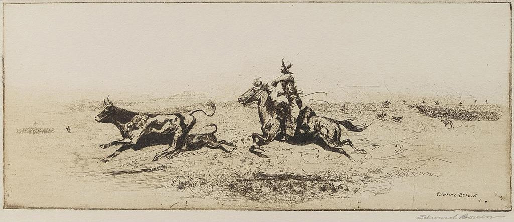 Edward Borein (1872-1945) - Etching of Steer and Cowboy