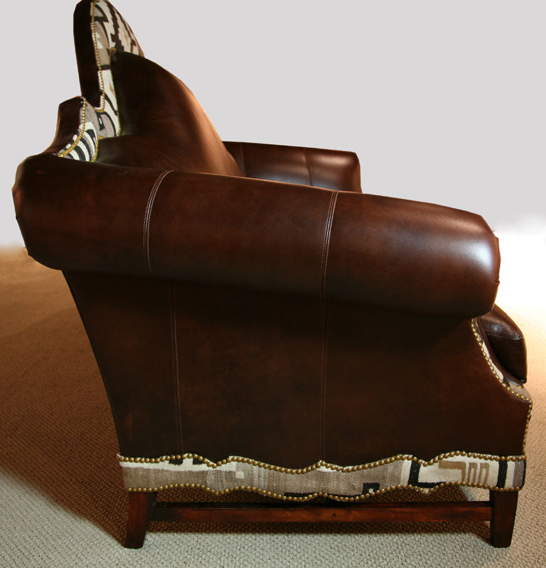 Custom Designed Leather Couch with Navajo Textile Inlay, 51.5