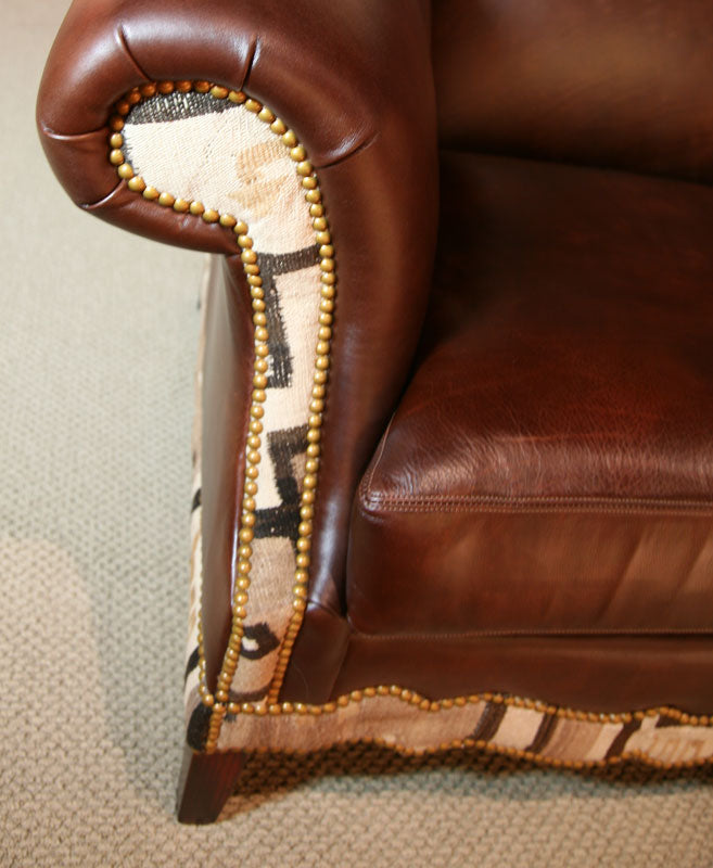 Custom Designed Leather Couch with Navajo Textile Inlay, 51.5