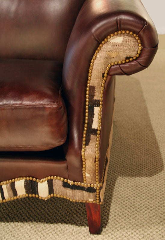 Custom Designed Leather Couch with Navajo Textile Inlay, 51.5