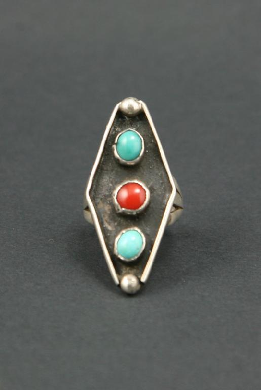 Zuni Turquoise, Coral and Silver Ring, c. 1950s, Size 6.125 (J4045)