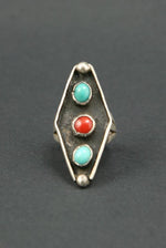 Zuni Turquoise, Coral and Silver Ring, c. 1950s, Size 6.125 (J4045)