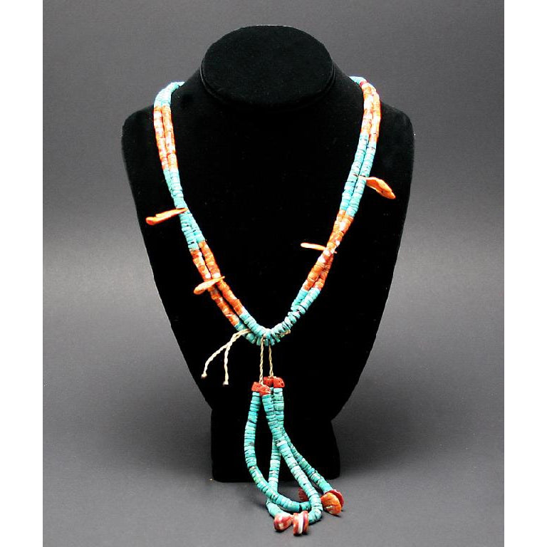Santo Domingo (Kewa) Jocla Necklace with Turquoise and Spiny Oyster, Contemporary, 26" long (J90106-106-011)
