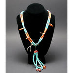 Santo Domingo (Kewa) Jocla Necklace with Turquoise and Spiny Oyster, Contemporary, 26" long (J90106-106-011)