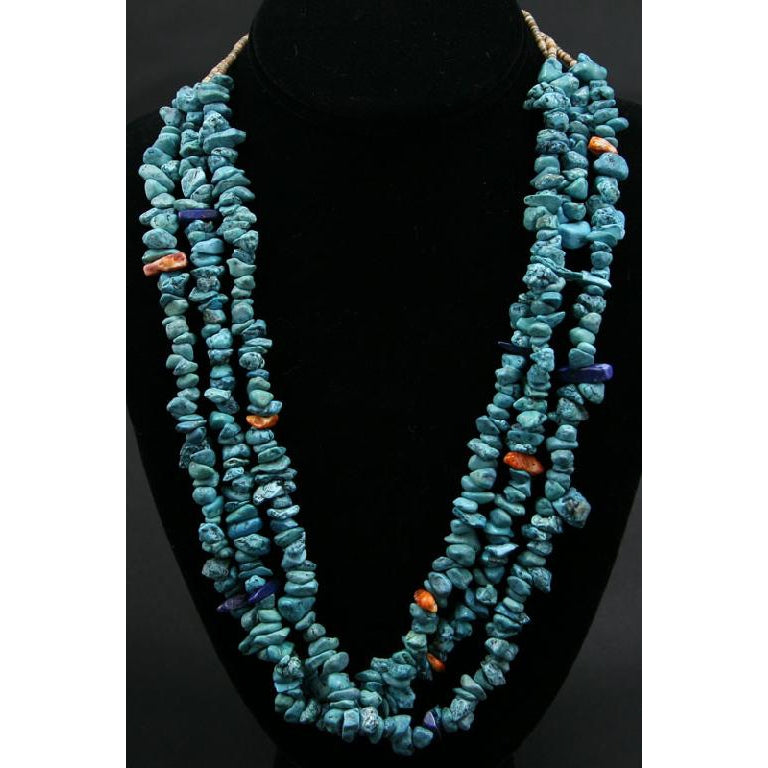 Santo Domingo (Kewa) Turquoise, Shell and Lapis Three Strand Necklace, Contemporary, 23" (J90106-0112-010)