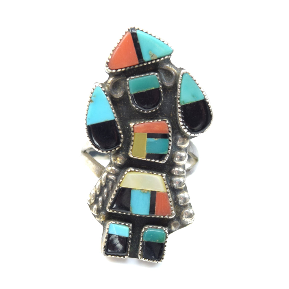 Zuni Turquoise, Coral, Jet, Mother of Pearl, and Silver Rainbow God Ring c. 1940-50, size 5.5