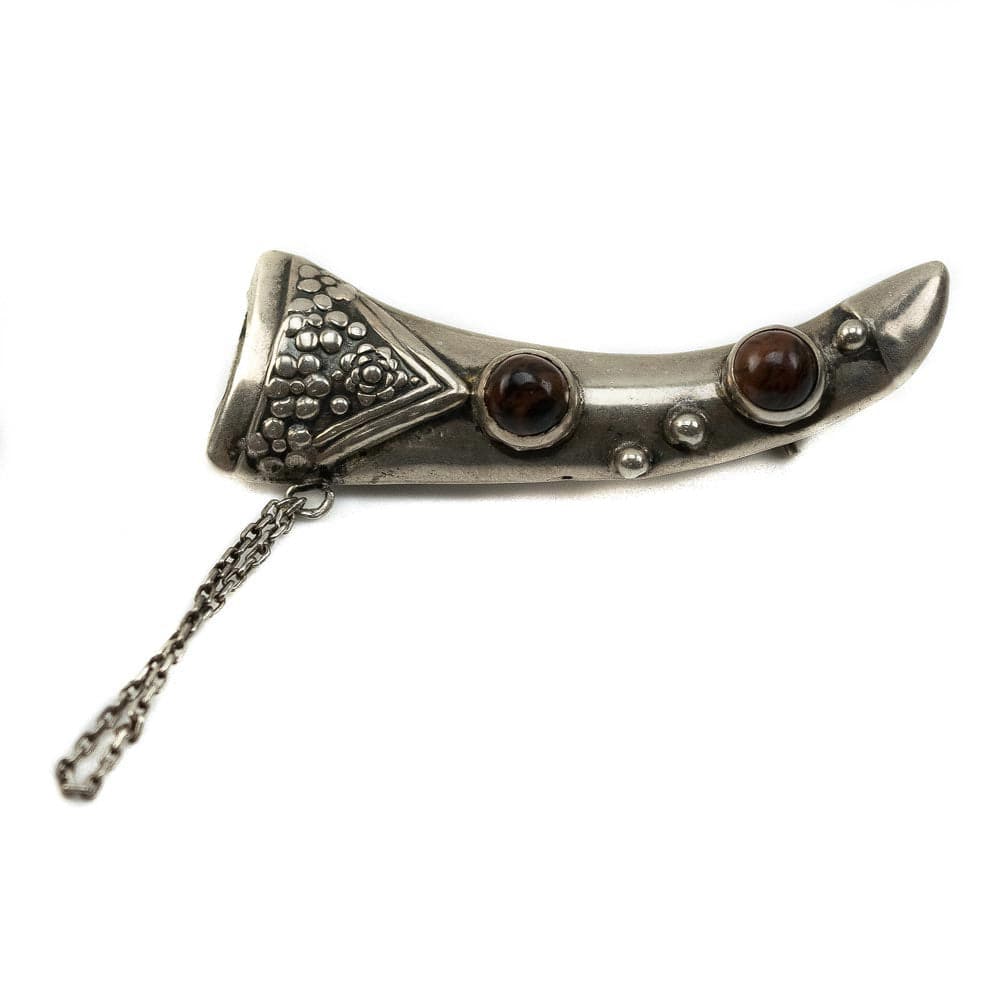 Mexican Mahogany Obsidian and Silver Drinking Horn Pin