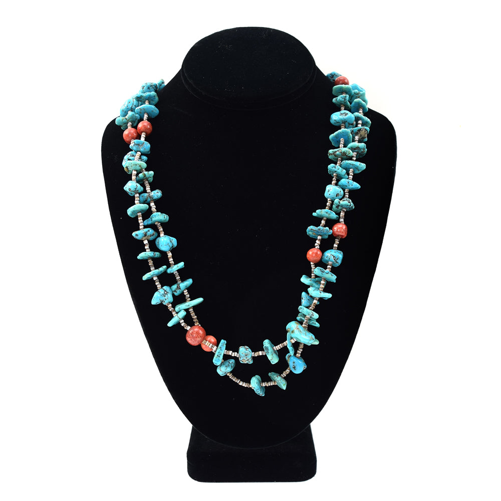 Santo Domingo Turquoise, Coral, and Heishi Two Strand Necklace c. 1960, 38" length