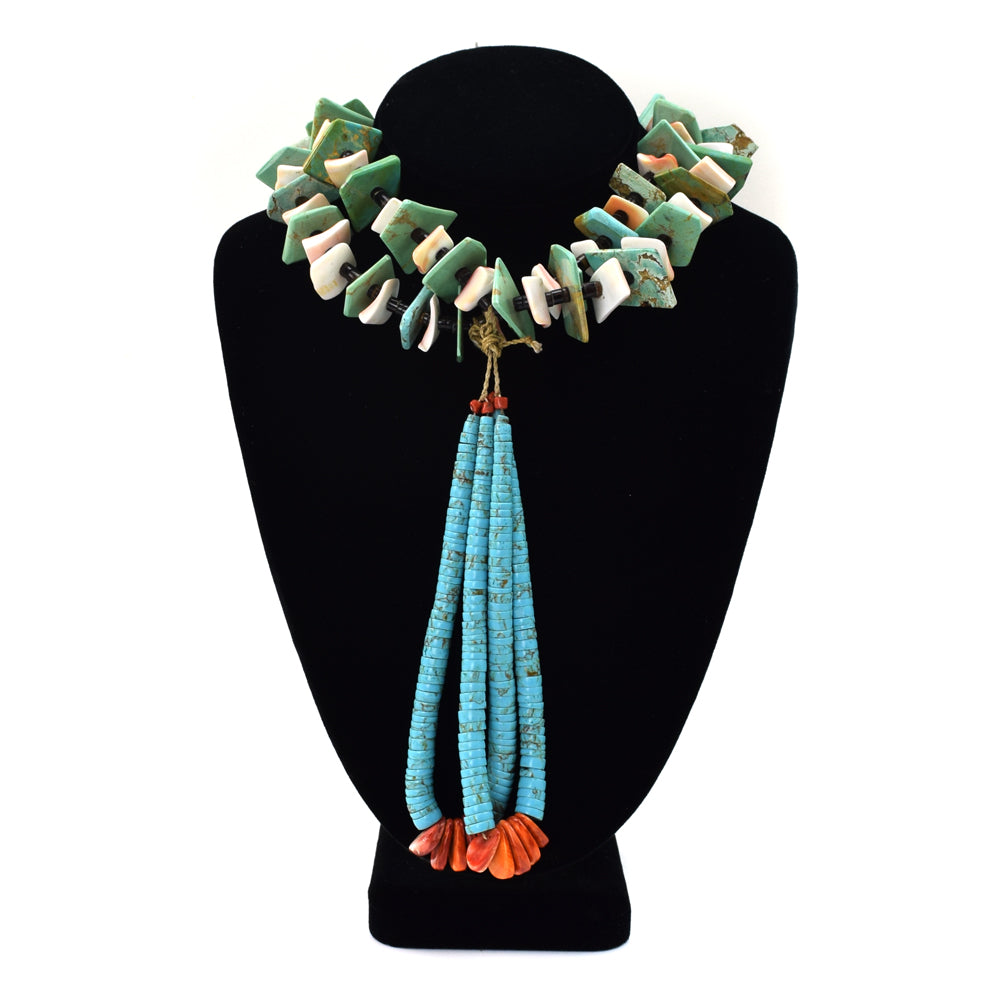 Navajo Turquoise, Coral, Spiny Oyster, and Heishi Two Strand Necklace with Joclas c. 1960, 32" length