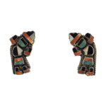 Zuni Turquoise, Spiny Oyster, Mother of Pearl, Jet, and Silver Knifewing Dancer Post Earrings c. 1940, 1.125" x 0.75"