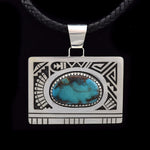 Timmy Yazzie - Navajo/San Felipe Bisbee Turquoise and Sterling Silver Pendant with Braided Leather Cord, 2.5" x 2.75"