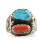 Navajo Turquoise, Coral, and Sterling Silver Ring with Stamped Design c. 1960s, size 7.5 (J9285)
