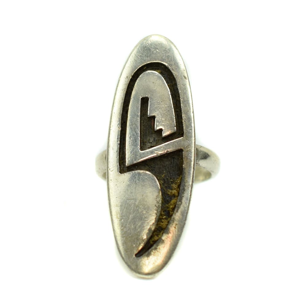 Hopi Silver Overlay Ring with Hopi Guild Hallmark c. 1960s, Size 5