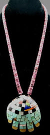 Ava Marie Coriz "Cool-Ca-Ya" (1948-2011) - Santo Domingo (Kewa) Purple Spiny Oyster Necklace with Inlay Shell Pendant, Contemporary, 3.5" x 3" (J90106-097-020)