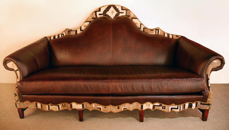 Custom Designed Leather Couch with Navajo Textile Inlay, 51.5