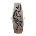 Hopi Silver Overlay Ring with Kokopelli Design c. 1980s, size 8