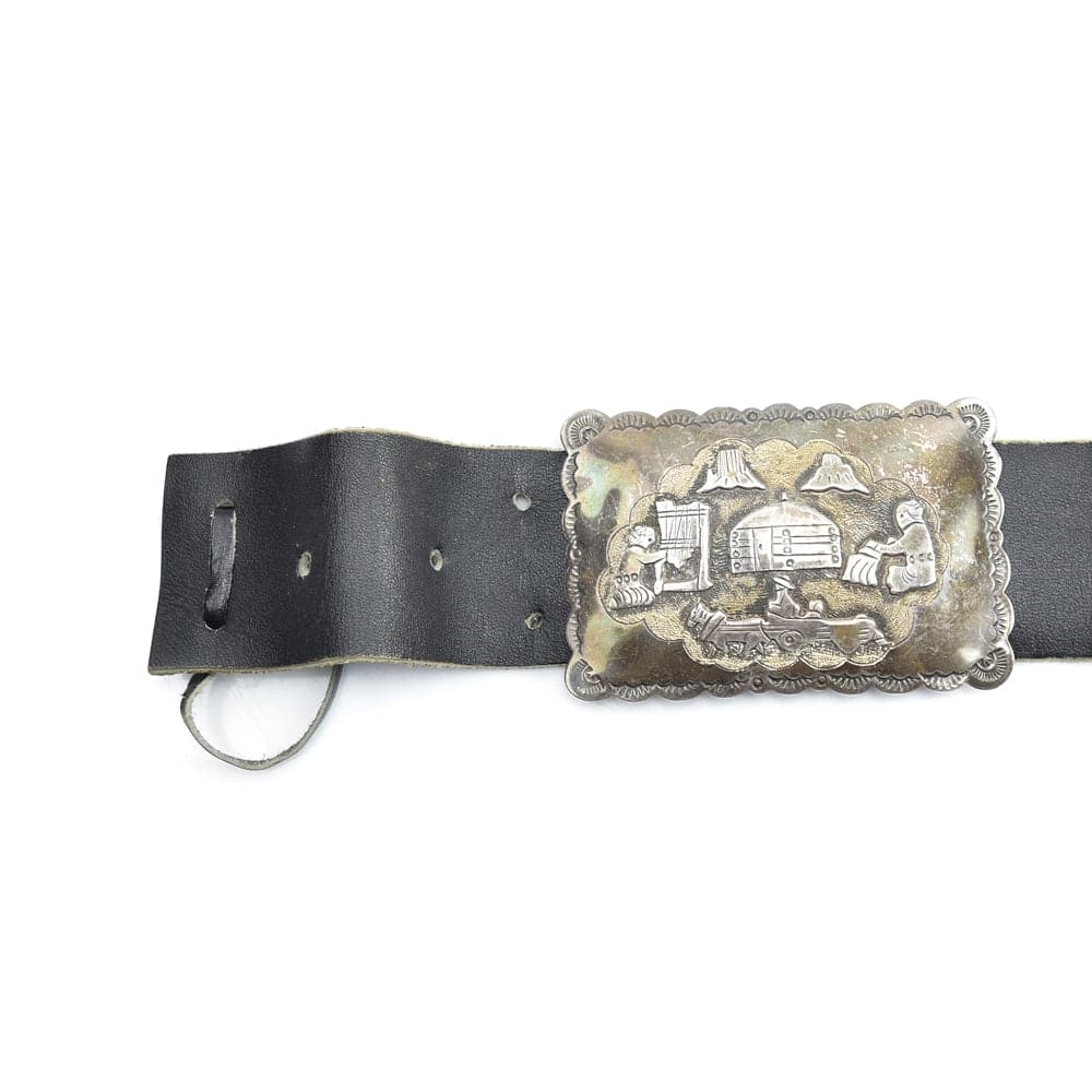 Navajo Silver and Leather Concho Belt with Pueblo Motifs c. 1970s, Size 27-32 (J10129)