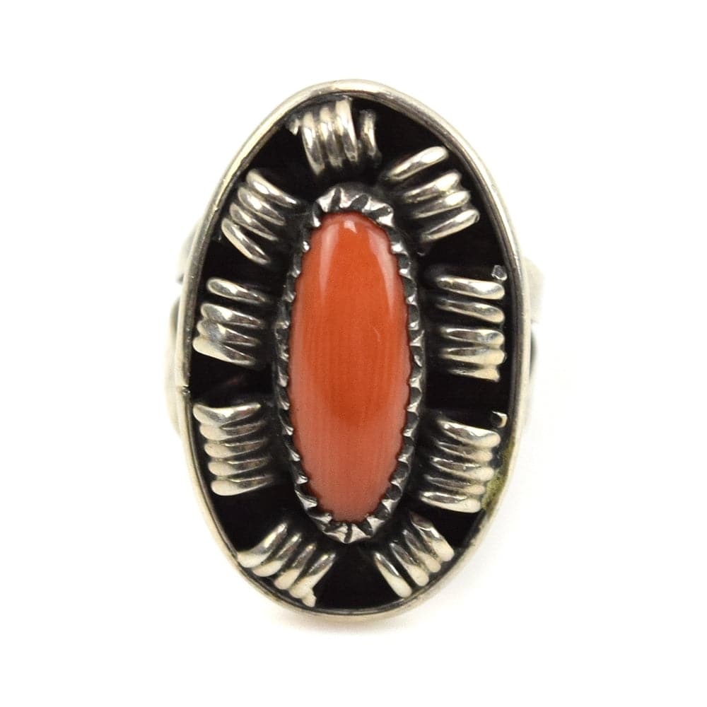 Navajo Coral and Silver Ring c. 1960s, size 6.5